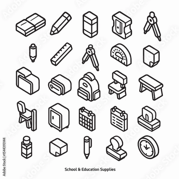Obraz Back to School Isometric Line Icons – Stationery, Classroom & Learning Supplies