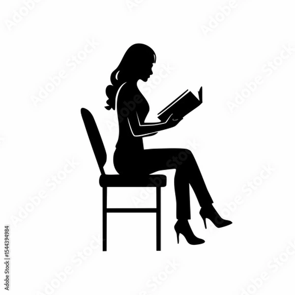 Fototapeta Black silhouette vector of a person sitting on a chair and reading, minimal clean outline, no facial features, calm pose, knowledge, study, leisure