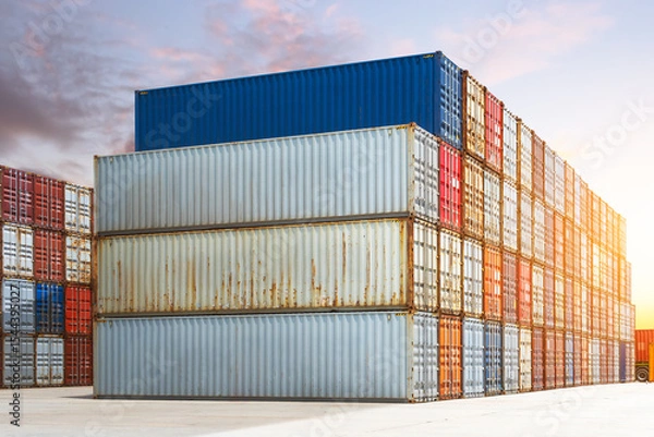 Fototapeta Shipping Cargo Containers at The Port. Container Yard. Handling of Logistic Transportation Industry. Cargo Container ships, Global Business Shipping Import-Export Warehouse Port. Logistics Transport.	