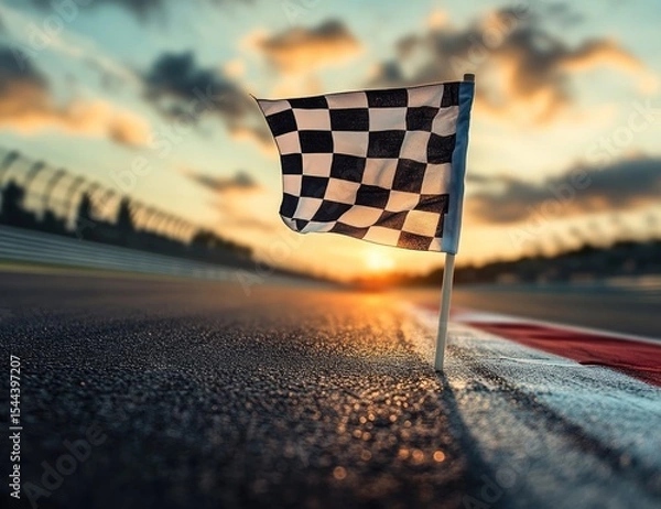 Fototapeta A checkered flag waving in the wind on an empty race track at sunset, symbolizing victory and success in motor racing or other sports events.