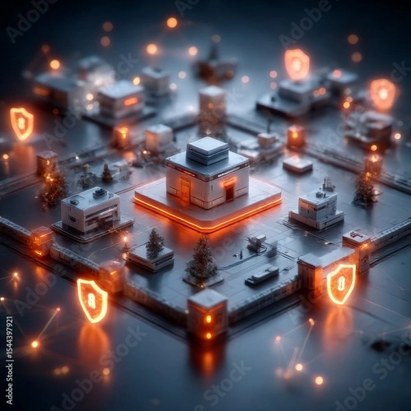 Fototapeta A secure, futuristic cybersecurity hub radiating warm shields and blockchain-enabled access controls, showcasing enhanced protection and fraud detection.