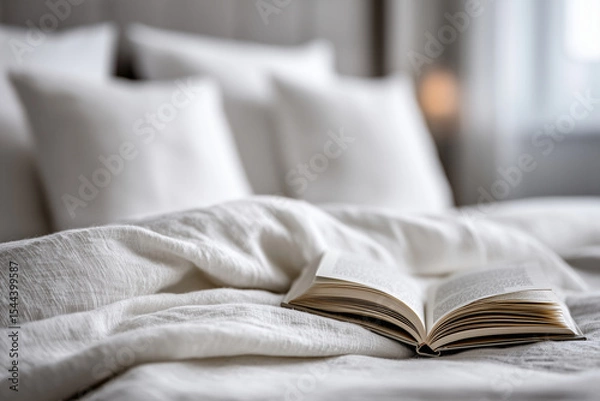 Fototapeta luxurious white bedding with visible linen weave texture, single book and soft light, 