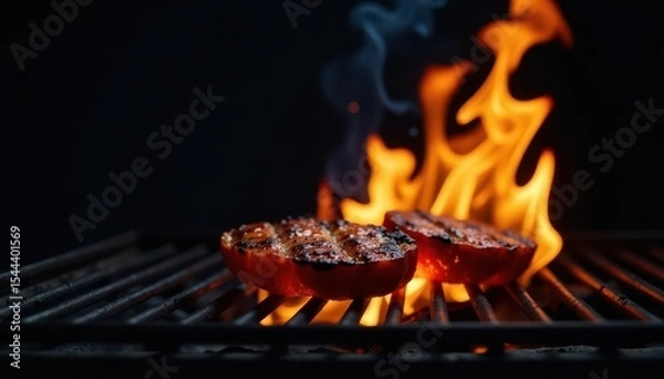 Fototapeta Compact flaming BBQ, empty grill grate, black backdrop , summer, empty grill, hot