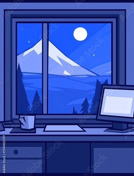 Fototapeta Night Desk, Mountain View, Computer