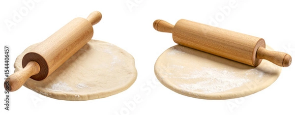 Obraz Raw Dough Flattened with Wooden Rolling Pin, isolated on white background PNG