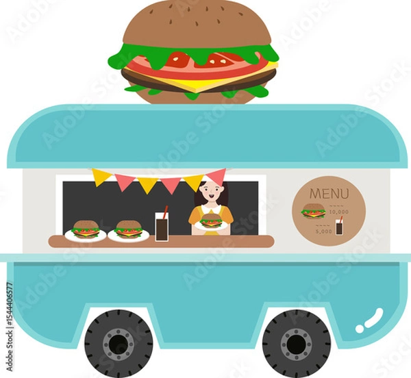 Fototapeta 푸드트럭에서 햄버거를 파는 직원 알바생