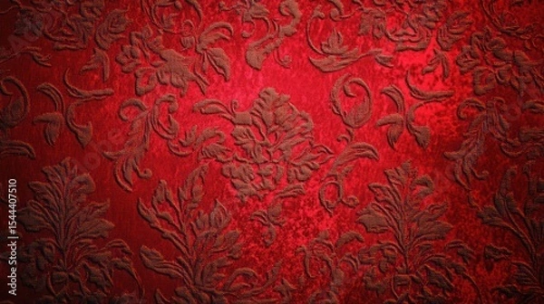 Fototapeta Deep crimson fabric with ornate, raised floral pattern, subtle light, shadowed texture