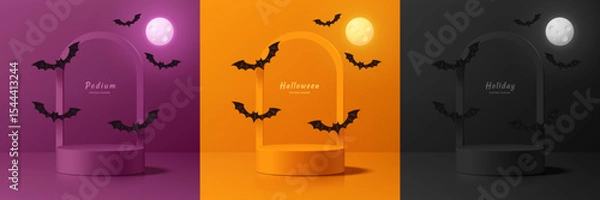 Obraz Set of 3D orange, purple and black podium background in Halloween festival with flying bat. Abstract minimalist design. Studio display showroom stands product pedestal, Stage showcase mockup scene.