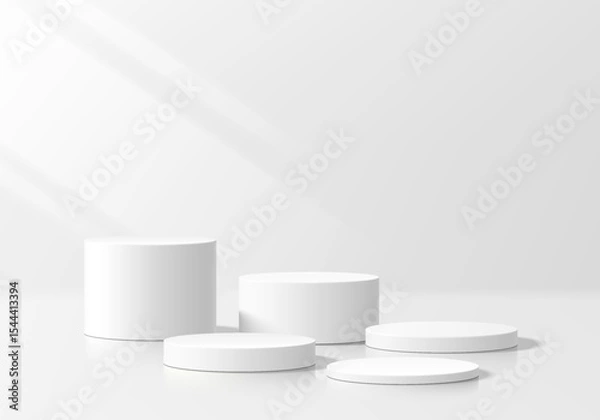 Obraz 3D white round podium set background with light and shadow. Abstract geometric composition in minimalist design. 3D studio display showroom product pedestal, Fashion stage showcase mockup scene.
