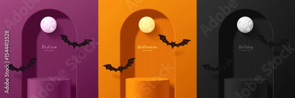 Obraz Set of 3D orange, purple and black podium background in Halloween festival with flying bat. Abstract minimalist design. Studio display showroom stands product pedestal, Stage showcase mockup scene.