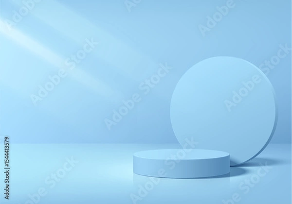 Obraz 3D blue round podium background with circle backdrop. Abstract geometric composition in minimalist design. Studio display showroom product pedestal, Fashion stage for showcases mockup wall scene.