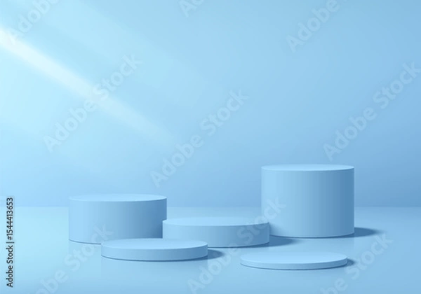 Obraz 3D blue round podium set background with light and shadow. Abstract geometric composition in minimalist design. 3D studio display showroom product pedestal, Fashion stage showcase mockup scene.