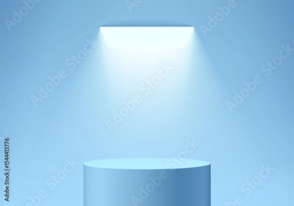 Obraz 3D blue round podium background with glowing ceiling lighting. Abstract geometric composition in minimalist design. Studio display showroom product pedestal, Fashion stage showcase, Mockup wall scene.