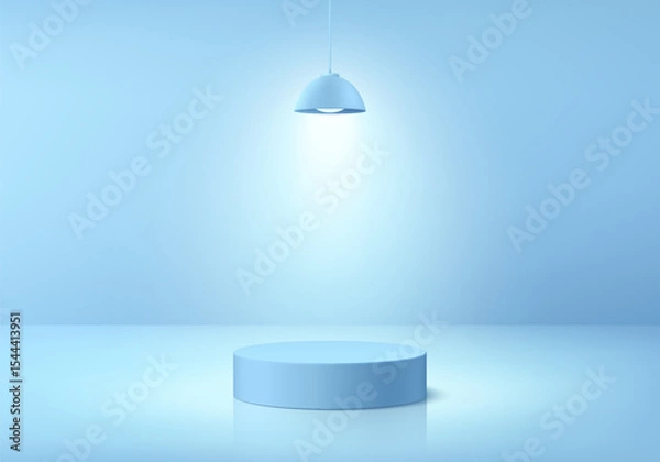 Obraz 3D round blue podium with glowing ceiling neon lighting background. Abstract composition minimalist design. Studio display showroom stands product pedestal, Fashion stage showcases mockup wall scene.