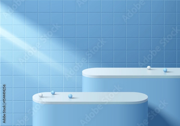 Obraz 3D blue round product podium background with square wall tile scene. Abstract composition in minimalist design. Studio display showroom cosmetic product pedestal, Fashion stage showcases mockup scene.