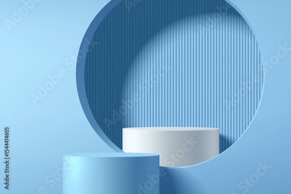 Obraz 3D blue podium background and White podium in circle window. Abstract composition minimalist design. Studio display showroom cosmetic stand product pedestal, Fashion stage showcase mockup wall scene.