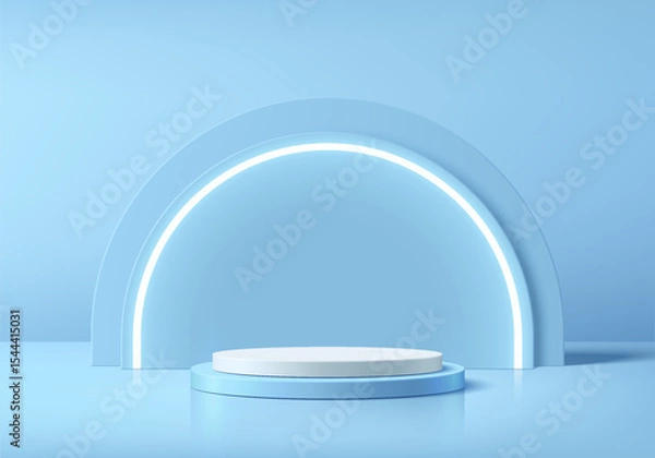 Obraz Blue round podium 3D background with semi-circle neon lighting backdrop. Abstract composition in minimalist design. Studio display showroom stands product pedestal, Fashion stage showcase mockup scene