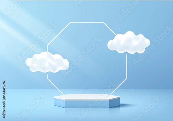 Obraz 3D Blue hexagon podium with white frame and cloud background. Abstract geometric composition minimalist design. Studio display showroom stands product pedestal, Fashion stage showcase mockup scene.