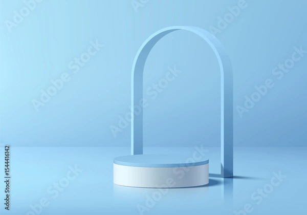 Obraz Blue round podium 3D background with arch frame backdrop. Abstract composition in minimalist design. 3D studio display showroom product pedestal, Fashion stage showcase mockup wall scene. Vector EPS10