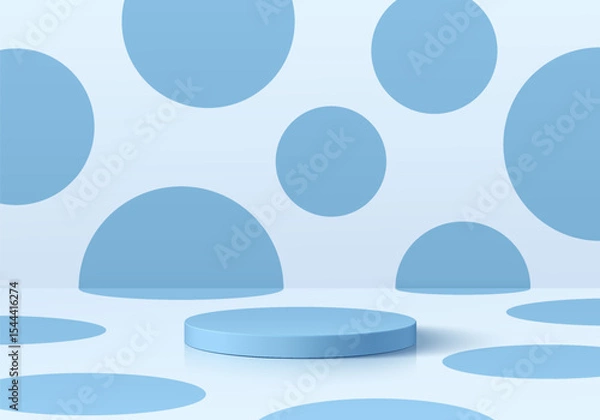 Obraz Blue round podium with 3D polka dot on white background. Abstract vector composition in minimalist design. 3D studio room display showroom stands product pedestal, Fashion stage showcase mockup scene.