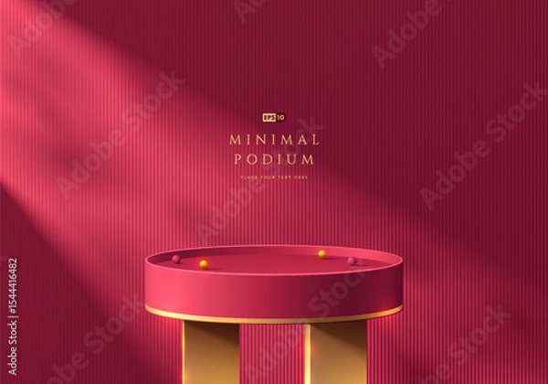 Obraz Dark red podium 3d background , Golden legs with natural light. Luxury abstract geometric composition minimalist design. Studio display showroom product pedestal, Fashion stage showcase mockup scene.