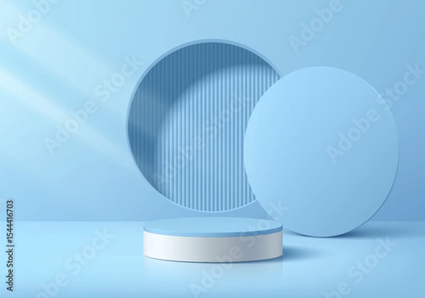 Obraz Blue podium 3D background with vertical pattern in circle window on wall. Abstract composition minimalist design. Studio display showroom cosmetic product pedestal, Fashion stage showcase mockup scene