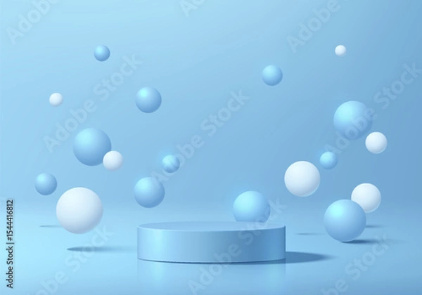 Obraz Blue round podium 3D background with many bouncing white sphere ball. Abstract geometric composition in minimalist design. Studio display showroom product pedestal, Fashion stage showcase mockup scene