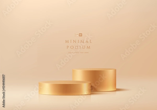 Obraz Golden round podium 3d background in empty room space in luxury style. Abstract geometric composition minimalist design. Studio display showroom product pedestal, Fashion stage showcases mockup scene.