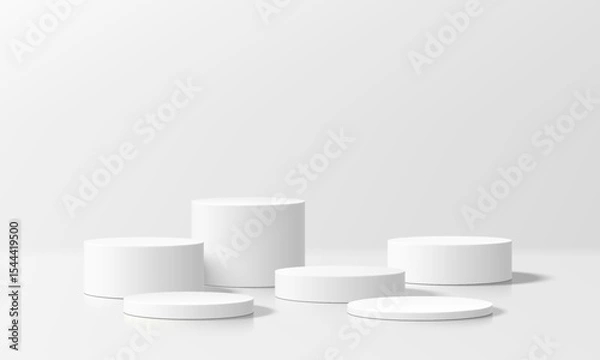 Obraz 3D white round podium set background with light and shadow. Abstract geometric composition in minimalist design. 3D studio display showroom product pedestal, Fashion stage showcase mockup scene.