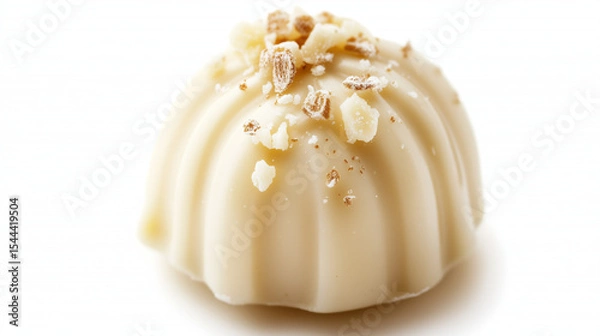 Fototapeta White chocolate truffle with textured fluted sides and crunchy nut topping, isolated on white.