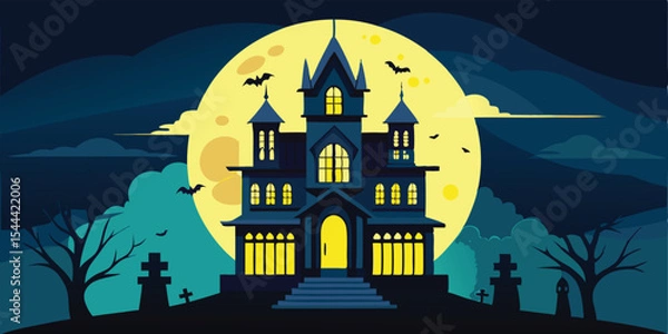 Fototapeta Spooky haunted house on a hill under a full moon with bats flying around it at night