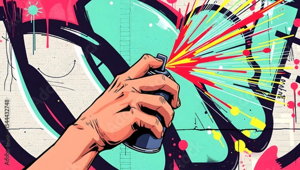 Fototapeta Creative Strokes: A hand, wielding a spray paint can, brings a graffiti mural to life, showcasing street art's raw energy and vibrant hues. Capturing the dynamic essence of urban expression.