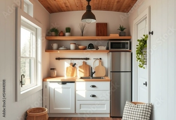 Fototapeta Compact tiny house kitchen with clever storage solutions