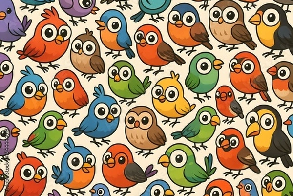 Fototapeta Colorful Cartoon Birds Illustration Pattern - Whimsical and Playful Design