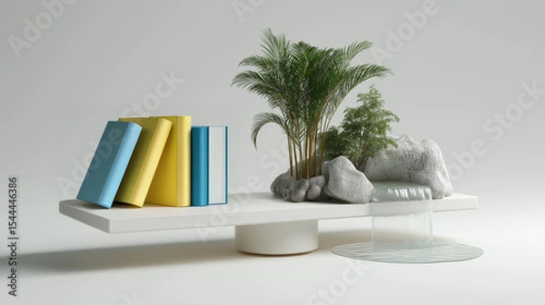 Fototapeta A floating shelf balances a tidy stack of colorful books on one side with a micro-landscape of palms, stones, and a cascading waterfall on the other - Generative AI 