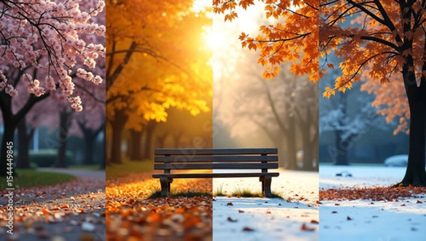 Obraz Wooden Bench Across Four Seasons – Life Cycle and Time Passage Concept