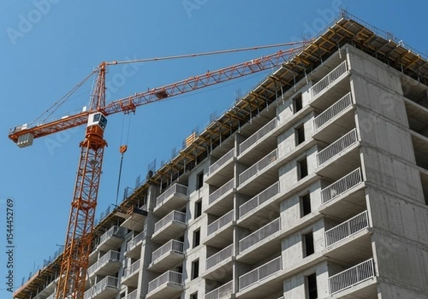 Obraz Construction of a modern residential building with a crane against a blue sky