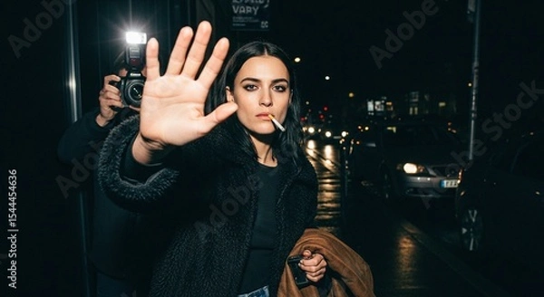 Fototapeta Night time photo of a female model celebrity smoking a cigarette, one hand up trying to stop paparazzi from taking a picture,  privacy, urban, city night, street lights, candid, attitude, edgy, glam