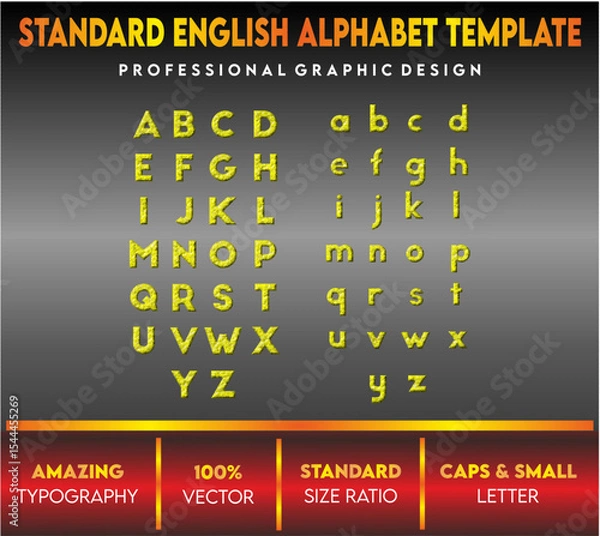 Fototapeta English Alphabet template with capital and small letters, standard vector letters, english letters for children's book and school, yellow letters 