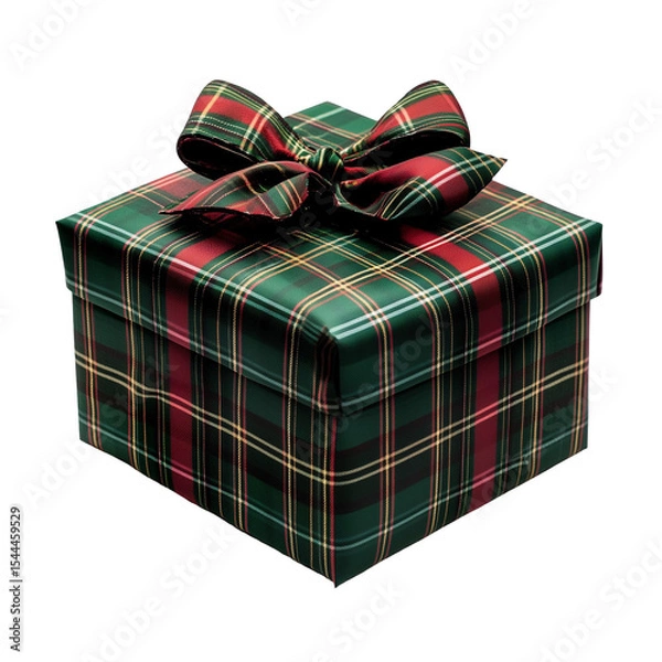 Obraz Square present wrapped in tartan paper with a bow on a plain surface isolated on transparent background