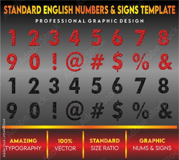 Fototapeta English Numbers and signs template with capital and small letters, standard vector letters, english letters for children's book and school, red black letters 