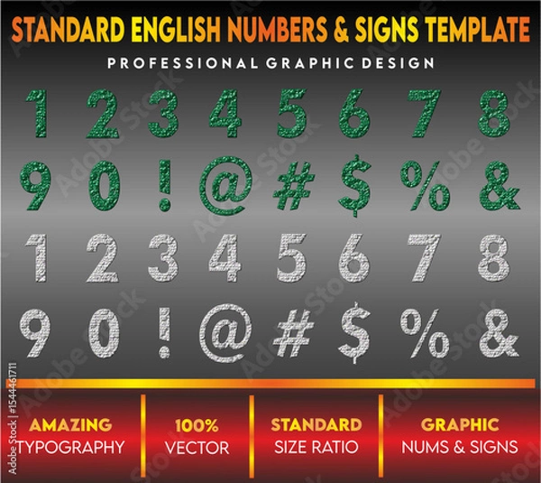 Fototapeta English Numbers and signs template with capital and small letters, standard vector letters, english letters for children's book and school, green white letters 