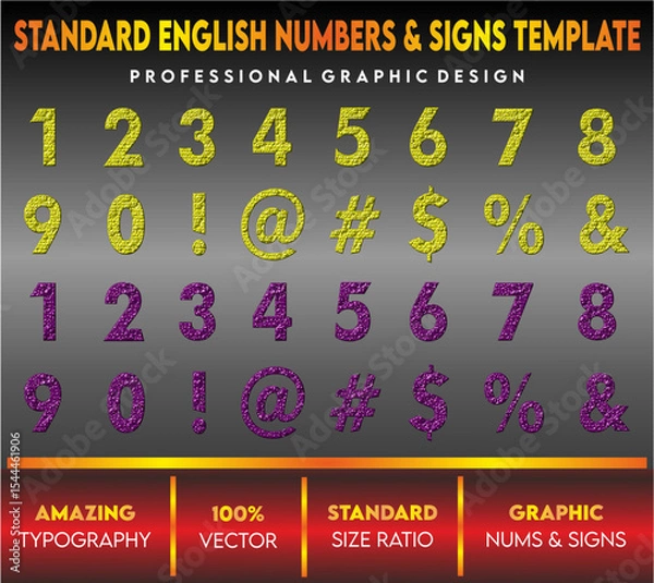 Fototapeta English Numbers and signs template with capital and small letters, standard vector letters, english letters for children's book and school, yellow purple letters 