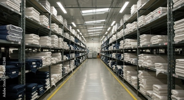 Fototapeta Neatly Organized Shelves with White Towels and Blankets in a Large Warehouse Storage Facility for Textiles and Linen Products