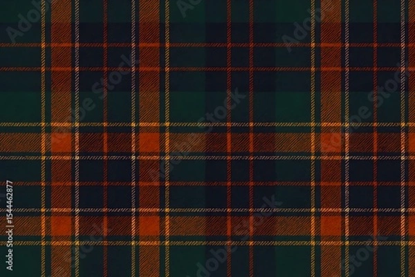 Fototapeta Tartan Plaid Fabric: Green, Orange, and Red Checkered Pattern Design