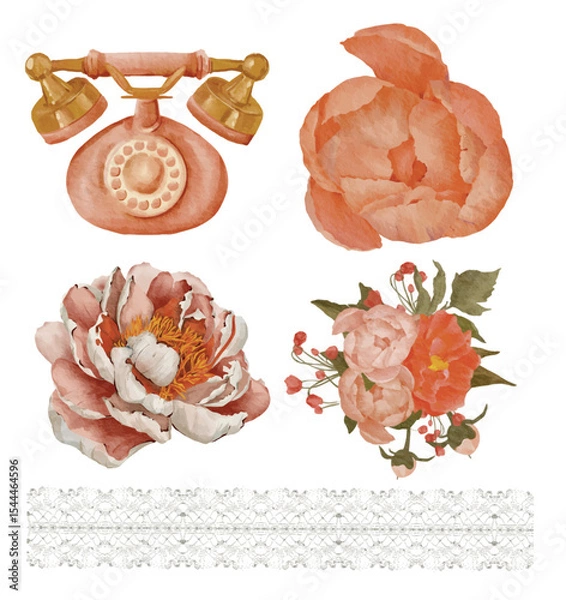 Fototapeta Peony rose house illustration watercolor isolated sticker set green leaves