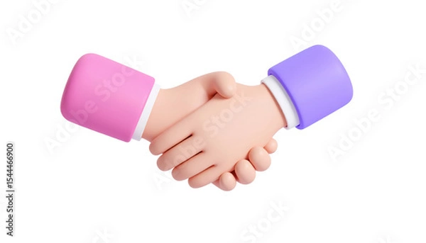 Fototapeta 3D cartoon handshake, two hands with pink and purple sleeves, symbolizing agreement, partnership, cooperation, and teamwork, isolated on transparency background