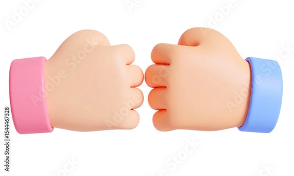 Fototapeta 3D cartoon hands fist bump gesture, pink and blue wristbands, symbolizing friendship, teamwork, unity, and positive collaboration, isolated on transparent background