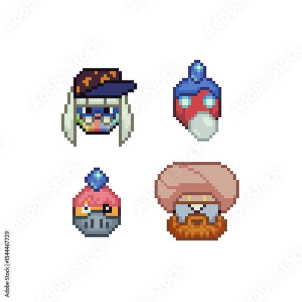 Fototapeta pixel art fantasy faces in 8-bit retro style, various humanoid and monster-like characters with expressive features and headgear, game assets, avatars, NFTs, or retro design projects.