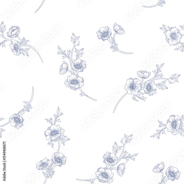 Fototapeta Seamless anemones. Floral pattern in toile style.